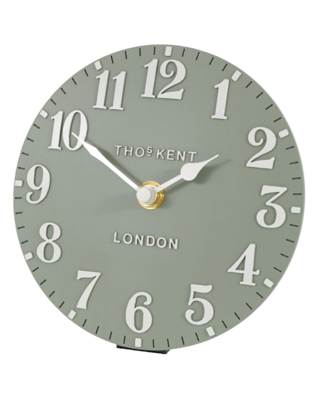 Gallery Direct Thomas Kent 6-inch Arabic mantle clock in seagrass green with a classic design and Arabic numerals.