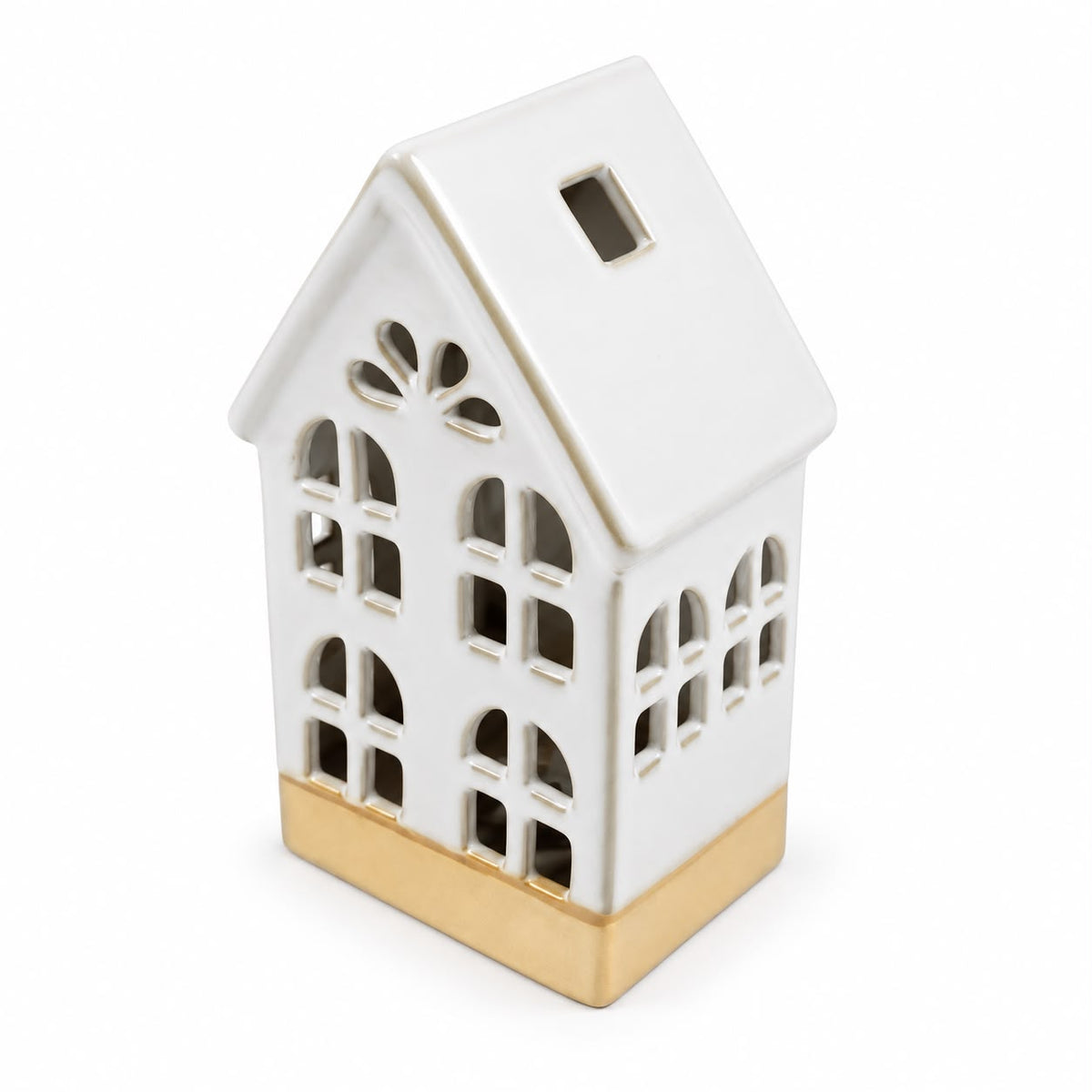 White ceramic LED light-up house from Sifcon for home decor, featuring a detailed miniature house with illuminated windows.