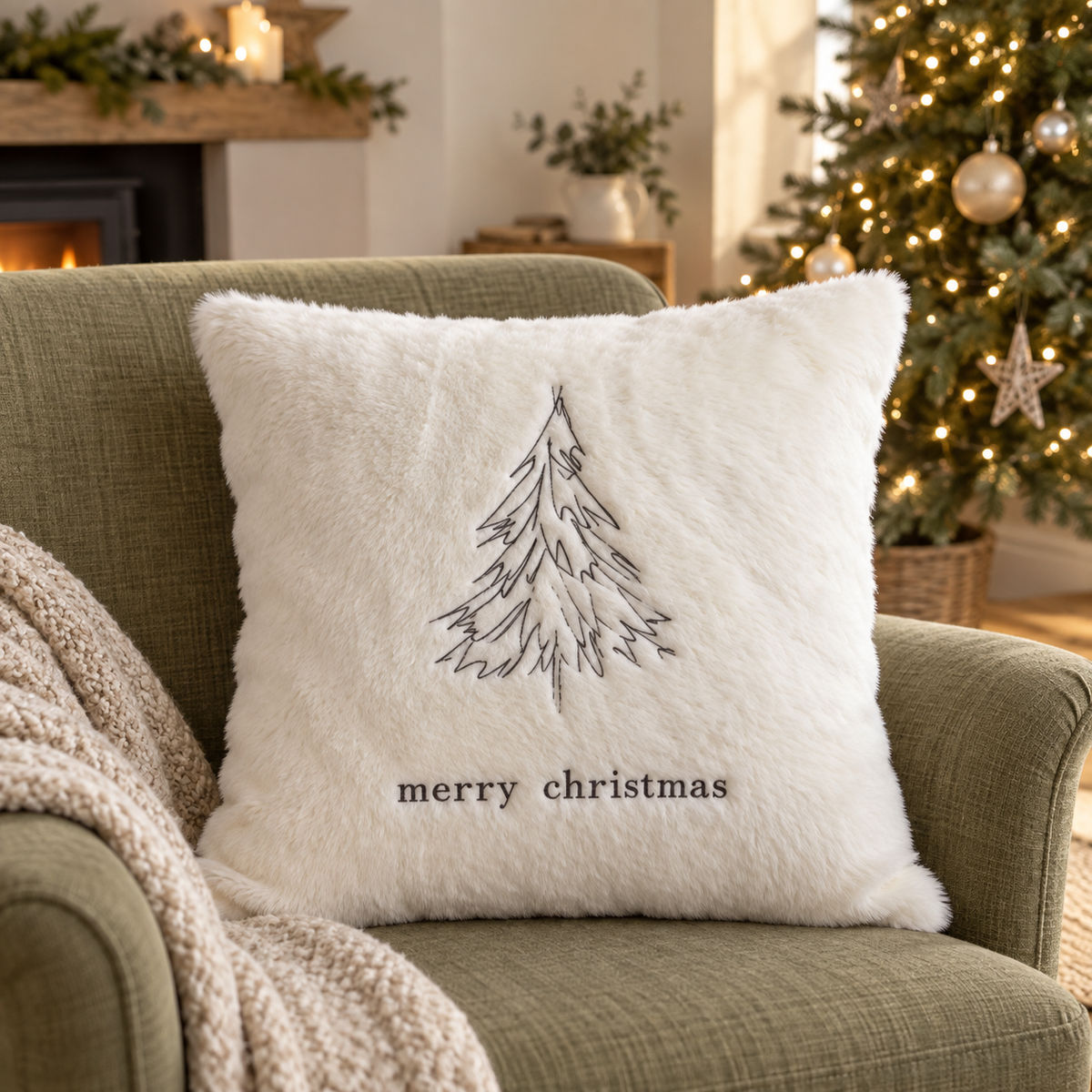 Cream Embroidered Fluffy Christmas Tree Cushion Cover