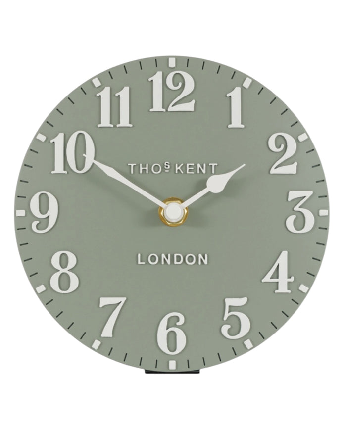 Gallery Direct Thomas Kent 6-inch Arabic Mantle Clock in Seagrass Green with a classic design and Arabic numerals.
