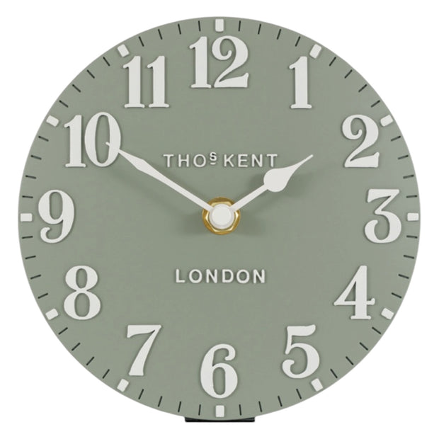 Gallery Direct Thomas Kent 6-inch Arabic Mantle Clock in Seagrass Green with a classic design and Arabic numerals.