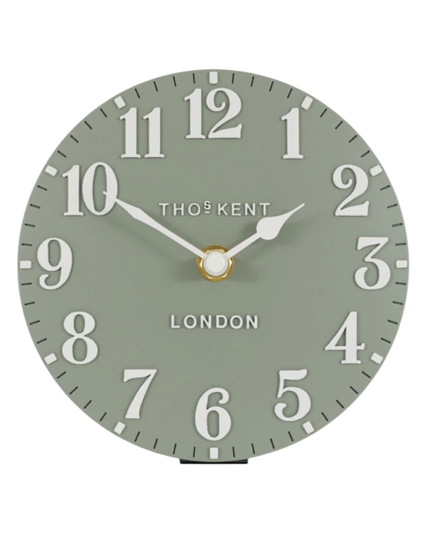 Gallery Direct Thomas Kent 6-inch Arabic Mantle Clock in Seagrass Green with a classic design and Arabic numerals.