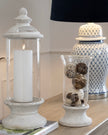 Stone lidded hurricane candle lantern by Hill Interiors, featuring a rustic design and glass windows for home decor.