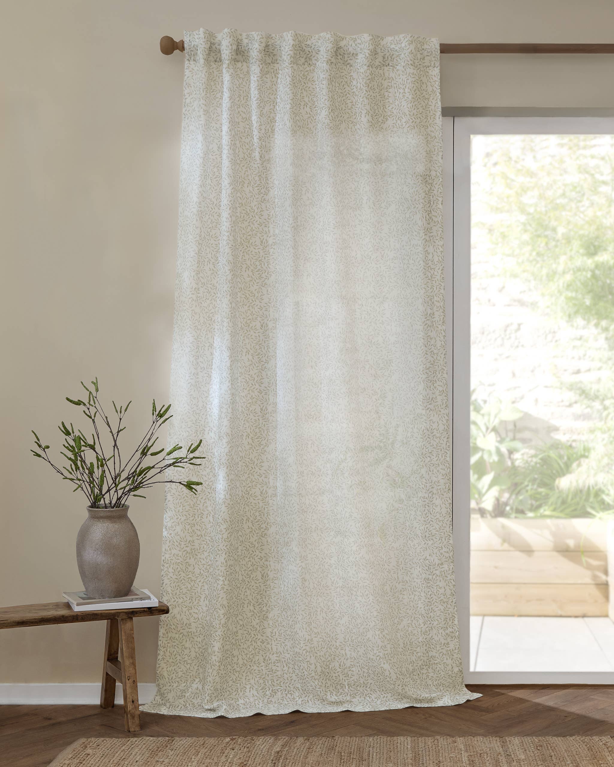 Yard Leaf Patterned Natural Woven Sheer Voile Curtain Panel