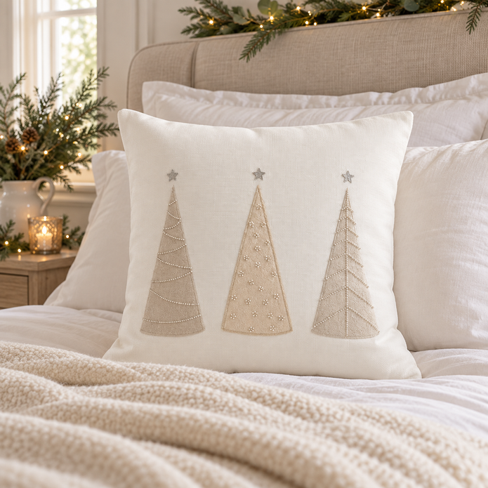 Cream Beaded Christmas Tree Cushion Cover