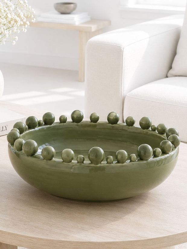 Round Extra Large Olive Green Bobble Edged Bowl