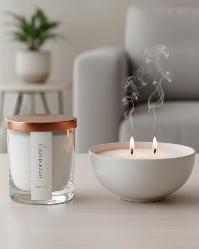 White scented candle in a sand jar from The Candledust Midnight home fragrance kit, with a cozy and minimalist design.