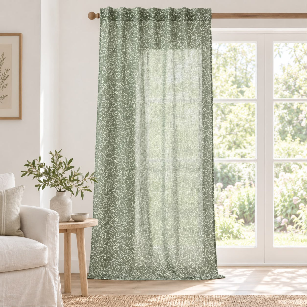 Yard Leaf Patterned Moss Green Woven Sheer Voile Curtain Panel