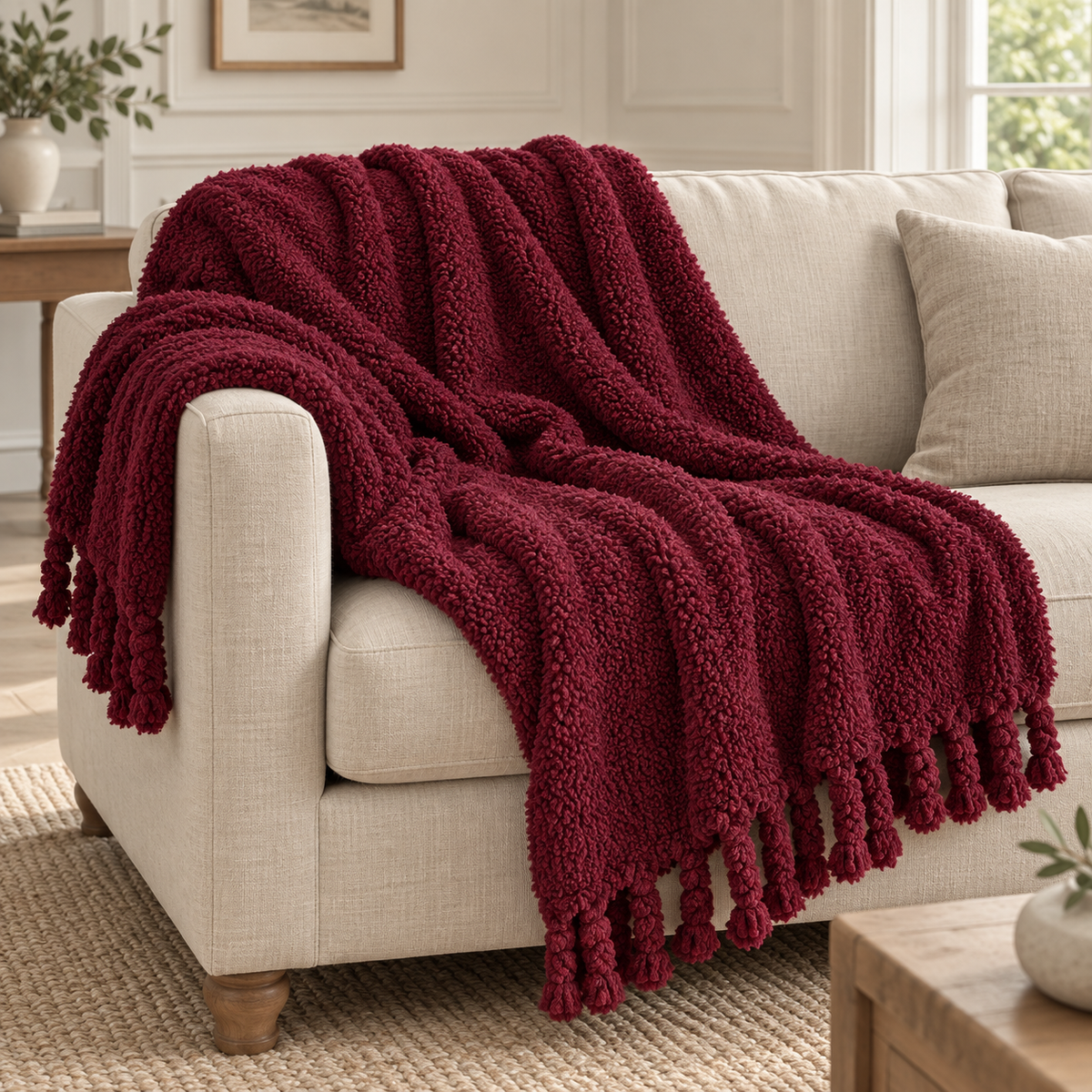 Burgundy Sherpa Tasselled Blanket Throw