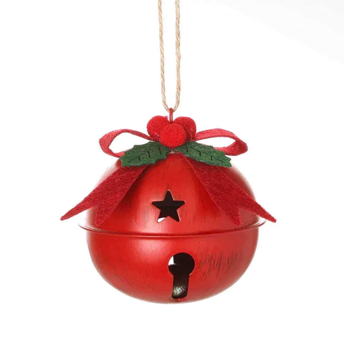 Small red metal Christmas bell with bow, holly detail and twine hanging loop