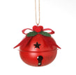Small red metal Christmas bell with bow, holly detail and twine hanging loop