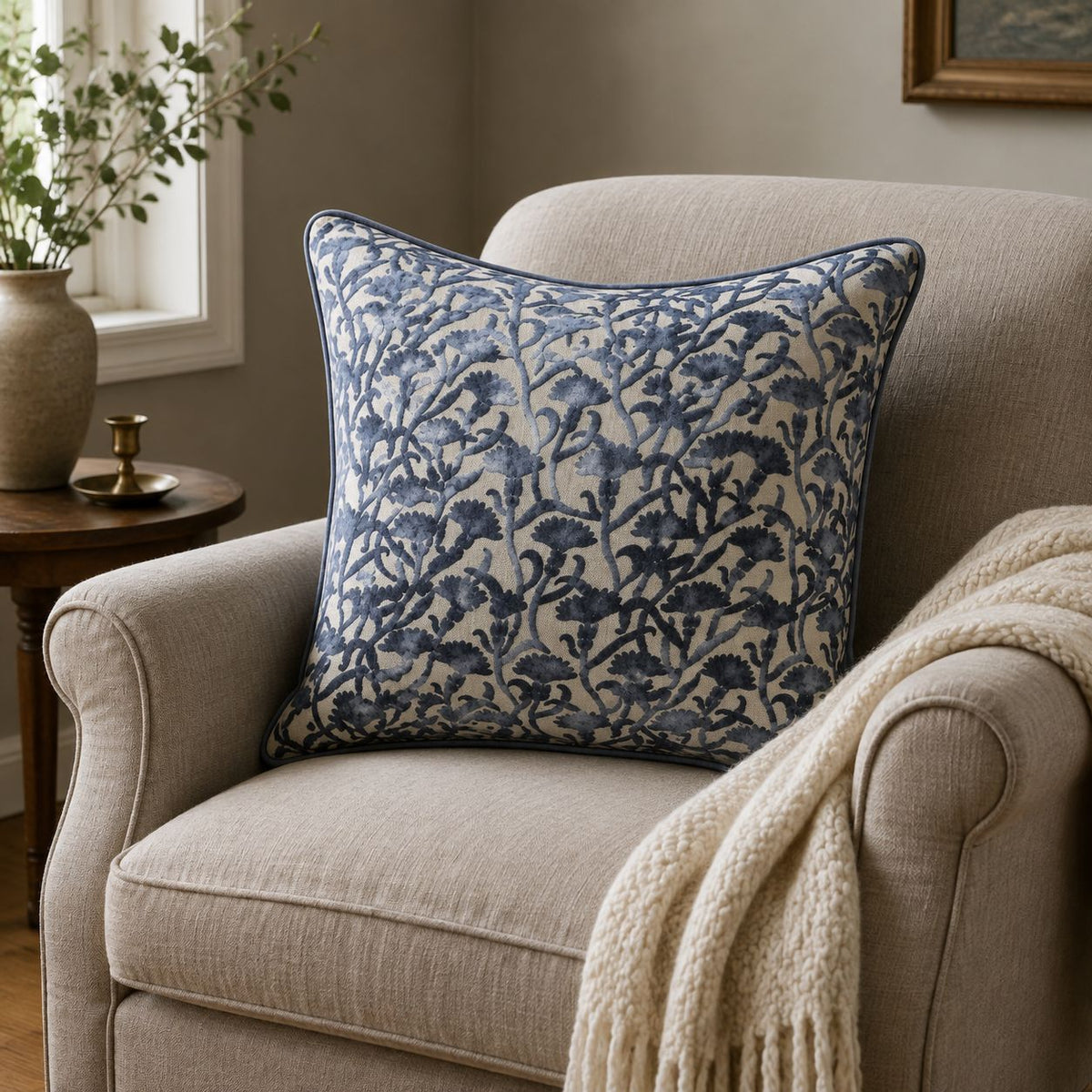Navy Blue Velvet Floral Print Cushion Cover