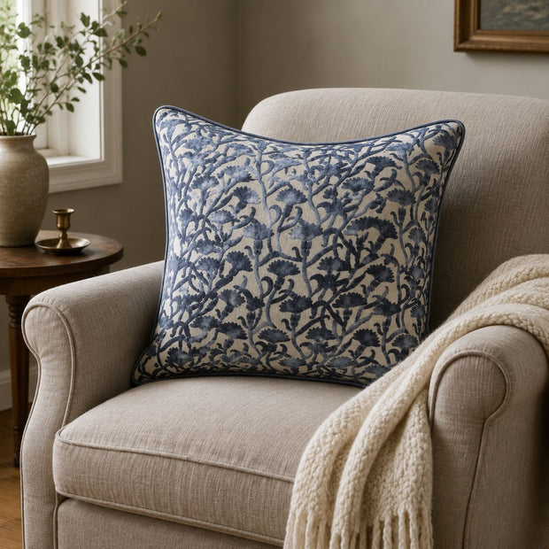 Navy Blue Velvet Floral Print Cushion Cover, navy floral cushion on a cream armchair beside a throw