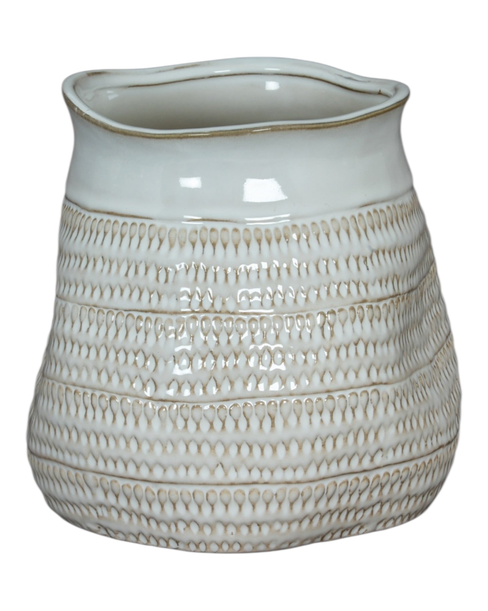 White ceramic vase with wide neck and textured surface, designed by Hill Interiors, perfect for modern home decor.