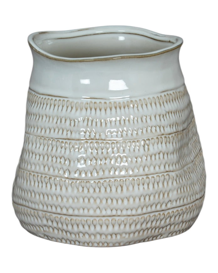 White ceramic vase with wide neck and textured surface, designed by Hill Interiors, perfect for modern home decor.