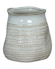 White ceramic vase with wide neck and textured surface, designed by Hill Interiors, perfect for modern home decor.