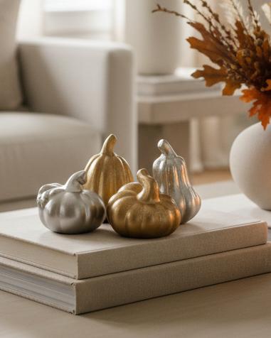Mini Silver and Gold Metallic Pumpkins Set of Two – Elegant Autumn Decorative Accessories, silver and gold mini pumpkins arranged on stacked books