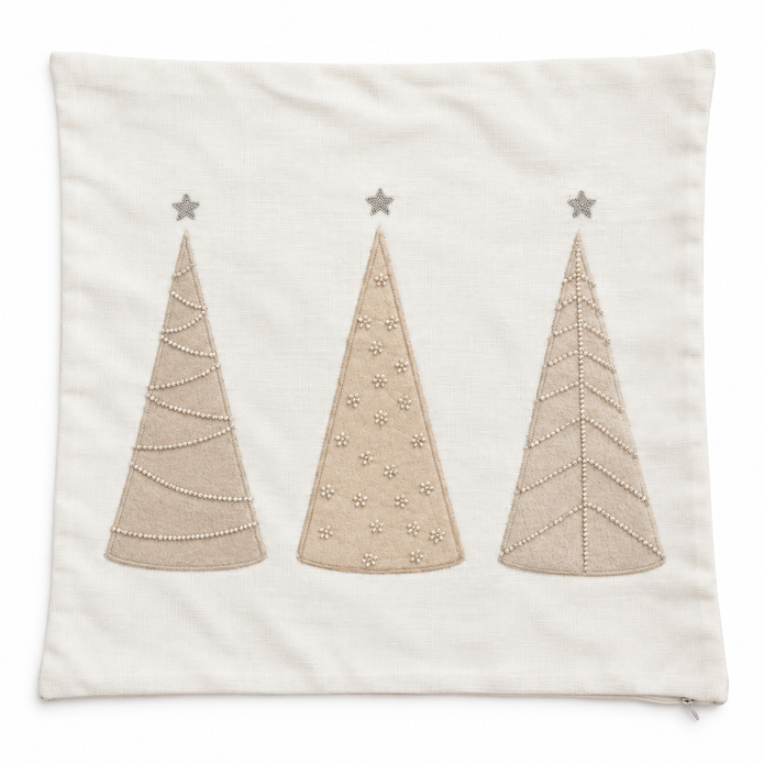 Cream Beaded Christmas Tree Cushion Cover