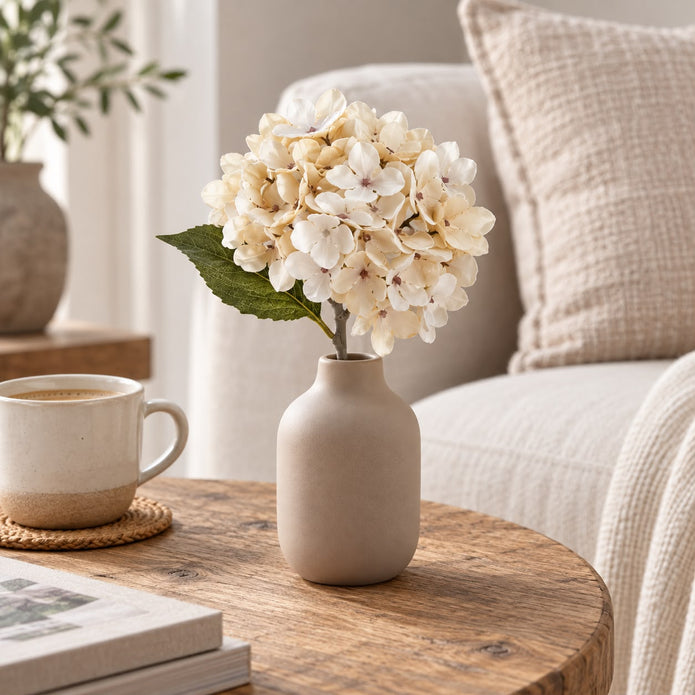 Artificial Short Soft Cream Hydrangea Stem, cream hydrangea in a taupe vase beside a mug and sofa