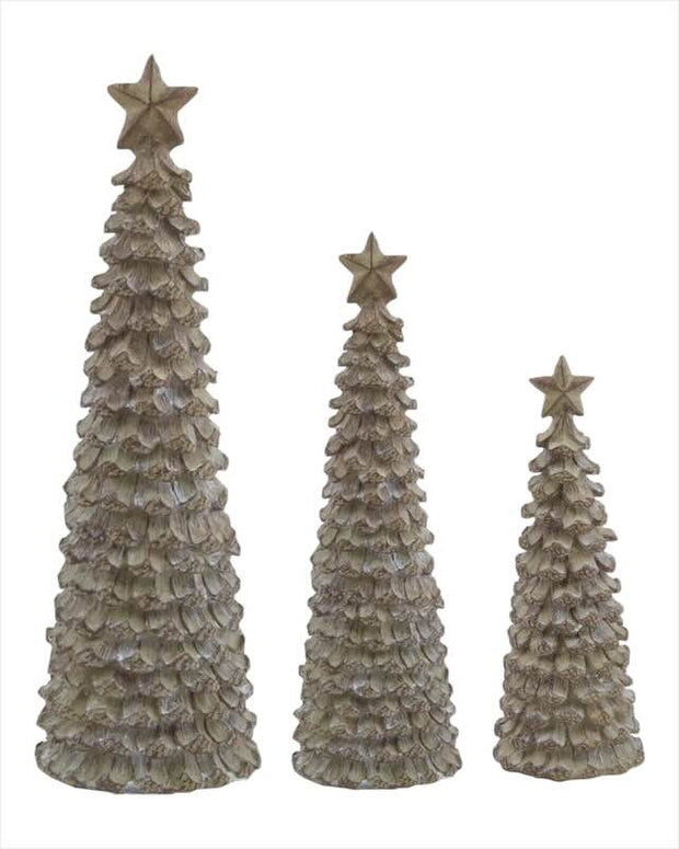 Set of three decorative Christmas trees with star toppers on a white background
