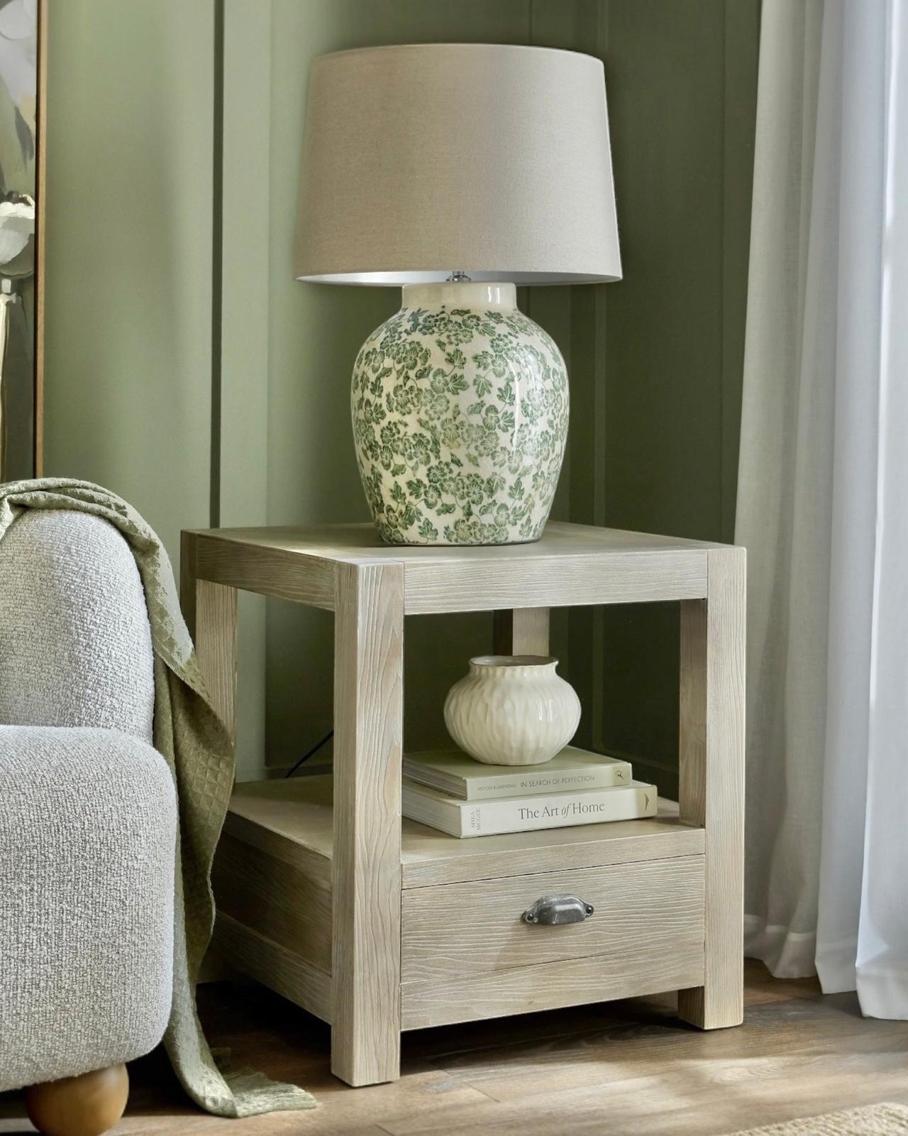 Haldon Collection 1-drawer side table with shelf by Hill Interiors, showcasing a modern wooden furniture piece with sleek design and storage.
