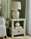 Haldon Collection 1-drawer side table with shelf by Hill Interiors, showcasing a modern wooden furniture piece with sleek design and storage.