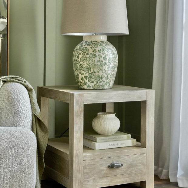 Haldon Collection 1-drawer side table with shelf by Hill Interiors, showcasing a modern wooden furniture piece with sleek design and storage.