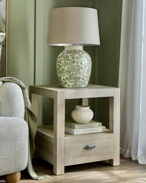 Hill Interiors Haldon Collection 1 drawer side table with shelf, modern wooden furniture for living room or bedroom.