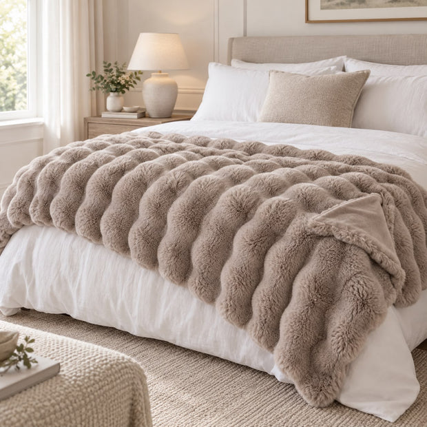 Beige Luxury Faux Fur Blanket Throw, beige faux fur throw spread across a bed
