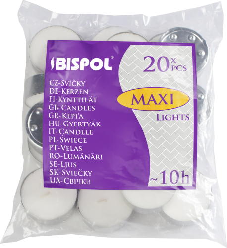 Set of four unscented large maxi tealights candles by Ancient Wisdom, showing white wax and metal cups for decorative lighting.
