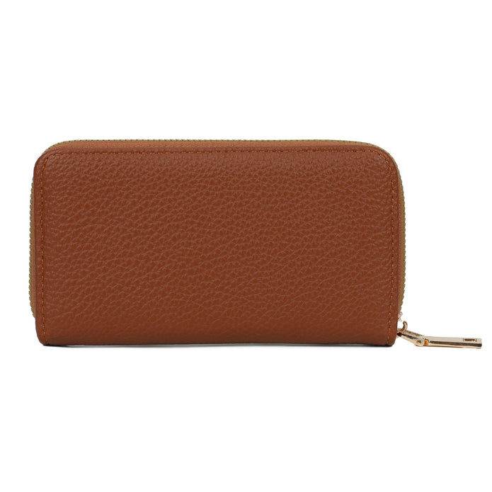 Beige RFID single zip purse by Jamie Bags, showcasing the compact accessory with a zipper closure and RFID protection details.