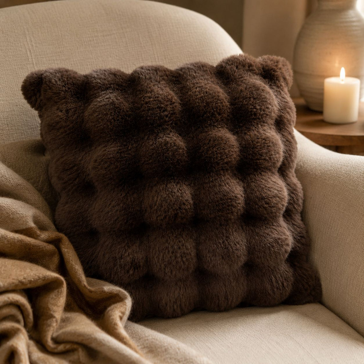 Chocolate Brown Luxury Faux Fur Cushion, chocolate brown faux fur cushion beside a lit candle