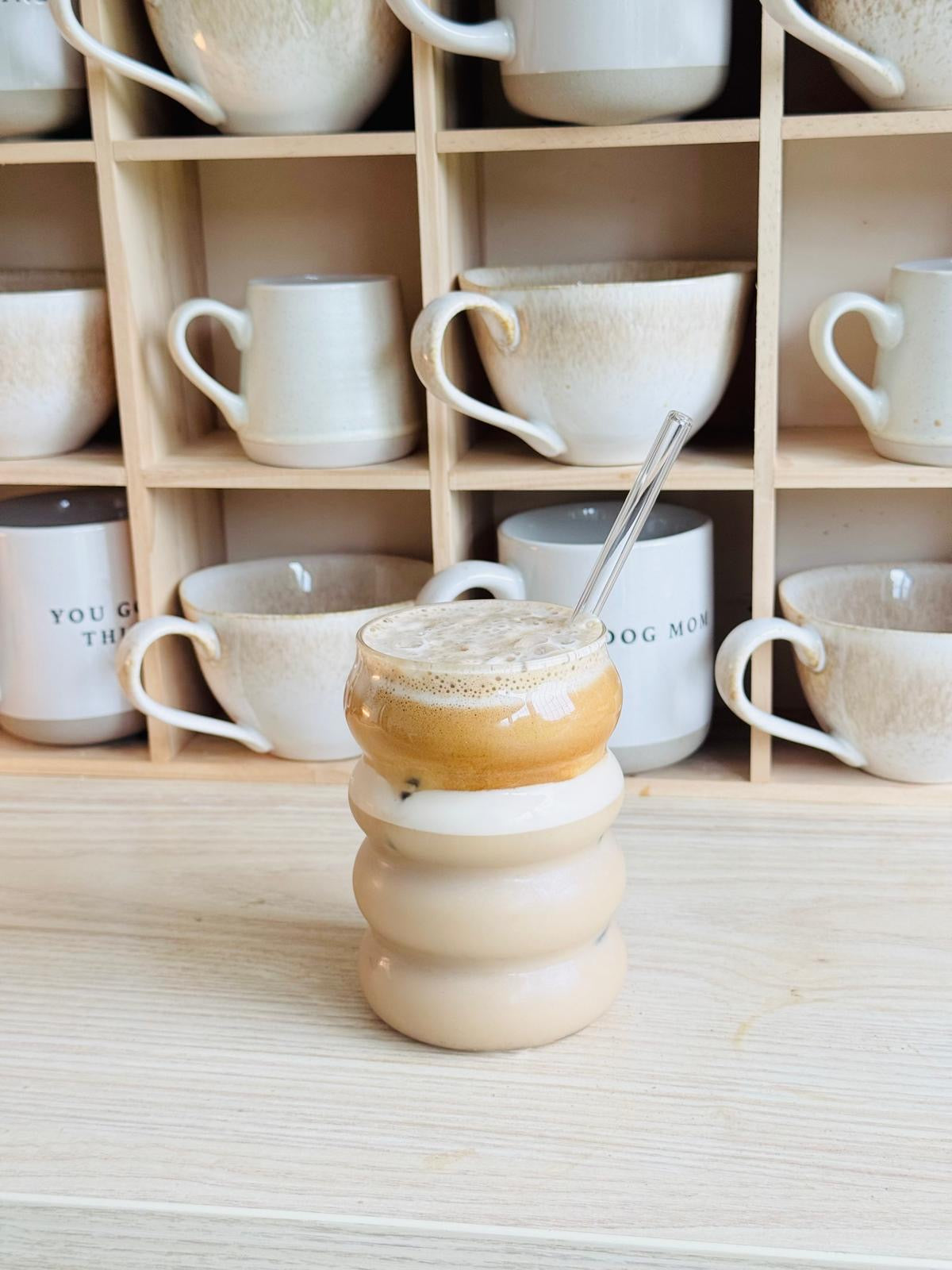 Wooden mug display shelf unit for kitchen and dining, featuring multiple hooks for hanging mugs, by Starlight Express.