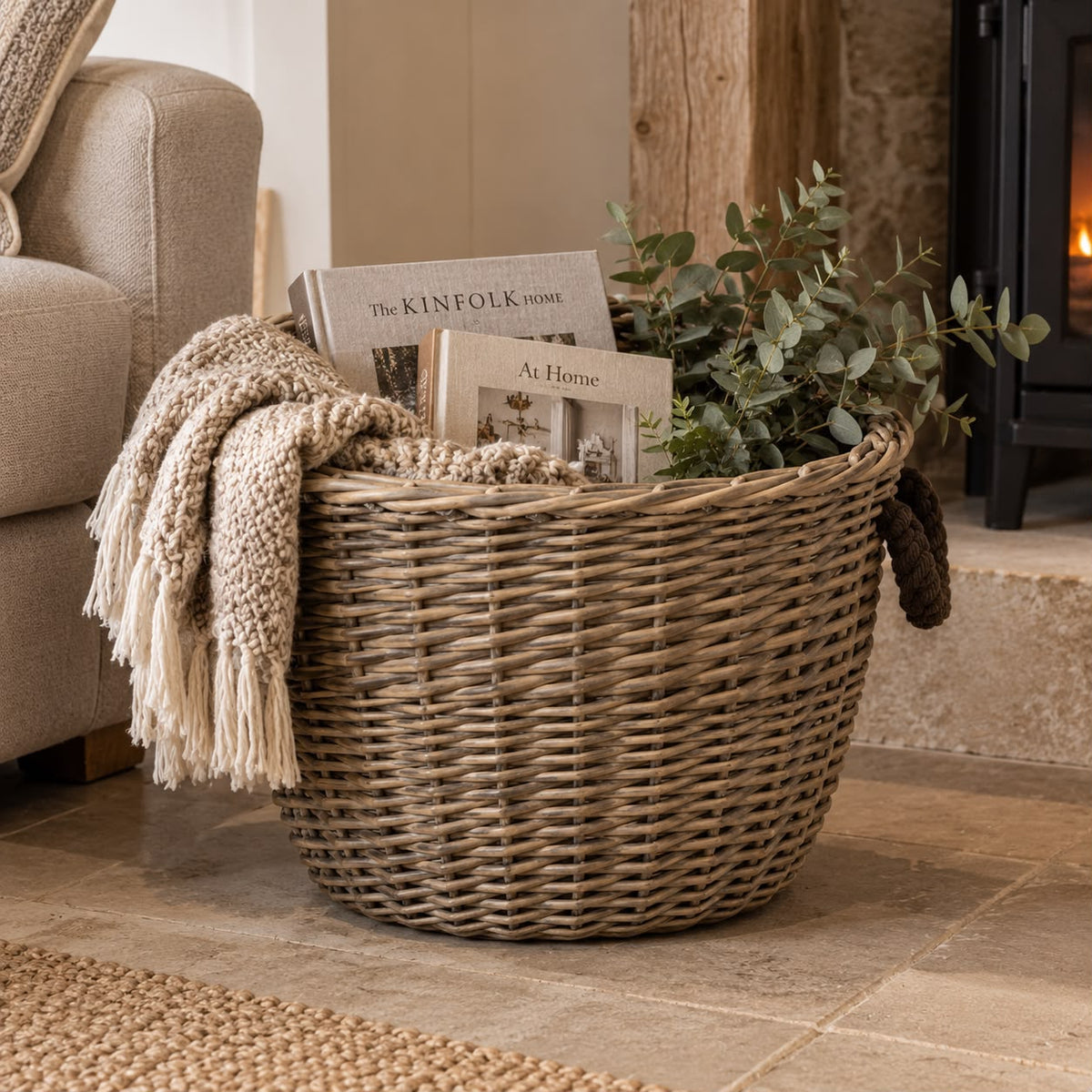 Round Log Basket with Rope Handles