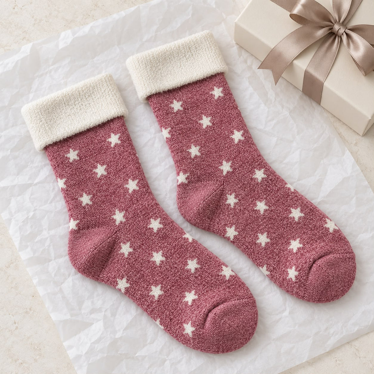 Super Cosy Fluffy Cuff Socks - Pink Star