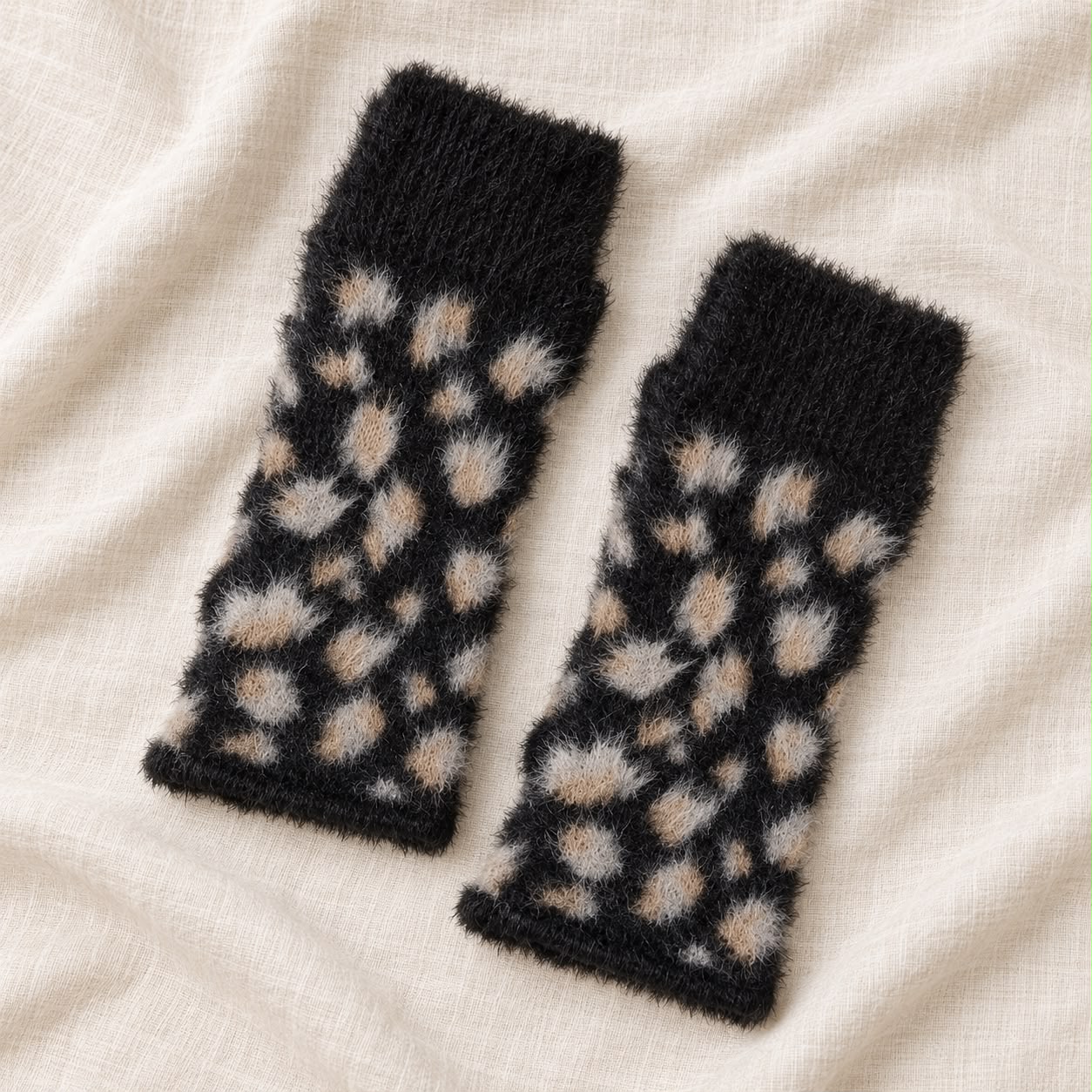 Black Leopard Fluffy Knit Fingerless Gloves