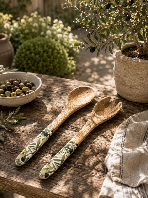 Olive Pattern Mango Wood + Melamine Salad Servers