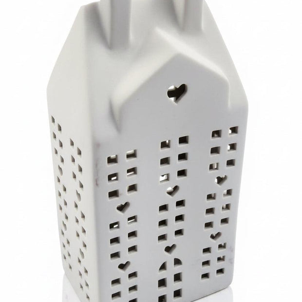 White Ceramic Matt LED Light Up House, unlit white house with twin chimneys against white