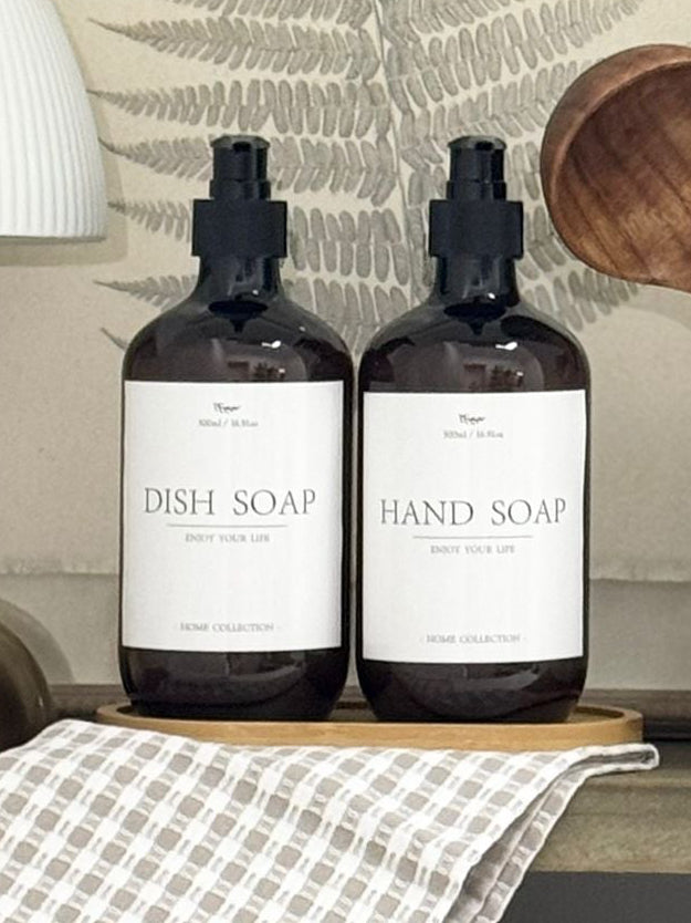Clear acrylic soap handwash dispenser bottles and tray set featuring modern home decor design by Starlight Express.