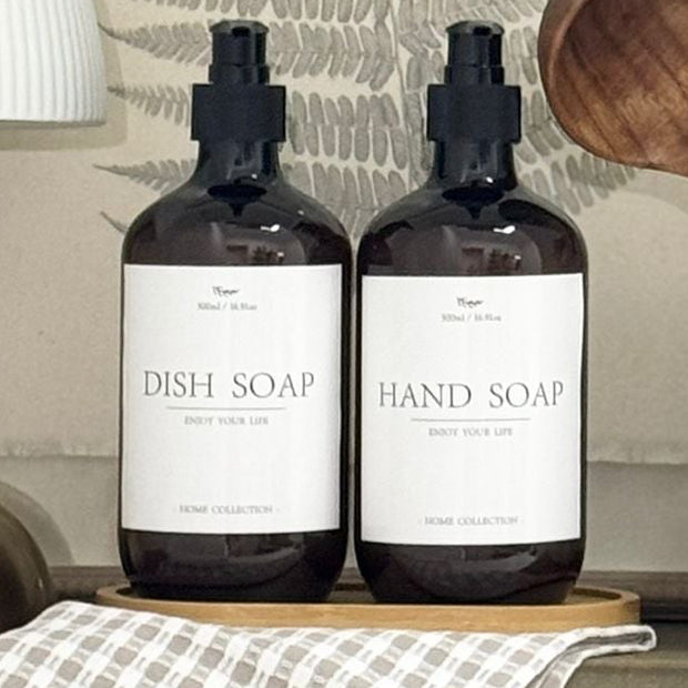 Clear acrylic soap handwash dispenser bottles and tray set featuring modern home decor design by Starlight Express.
