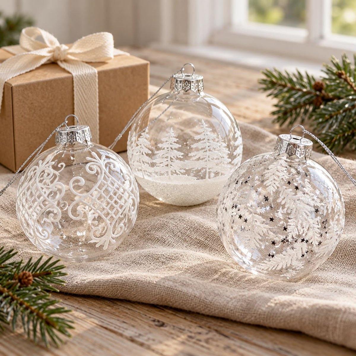 Shatterproof Acrylic Clear And White Sparkly Bauble