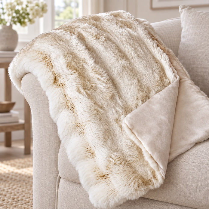 Cream Luxury Faux Fur Blanket Throw, close-up of the cream faux fur throw and smooth reverse on a sofa