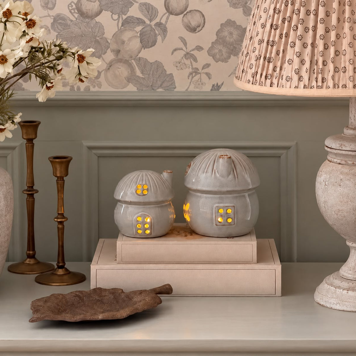 Glazed Ceramic Mushroom House with LED Ornament with Textured Detail