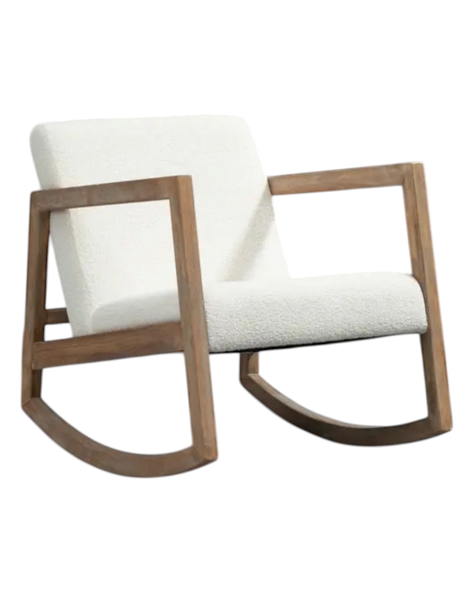 Cream boucle sherpa rocking chair with wooden legs, plush upholstery, and cozy textured fabric by Starlight Express.