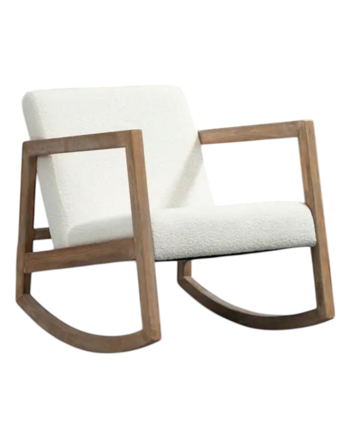 Cream boucle sherpa rocking chair with wooden legs, plush upholstery, and cozy textured fabric by Starlight Express.