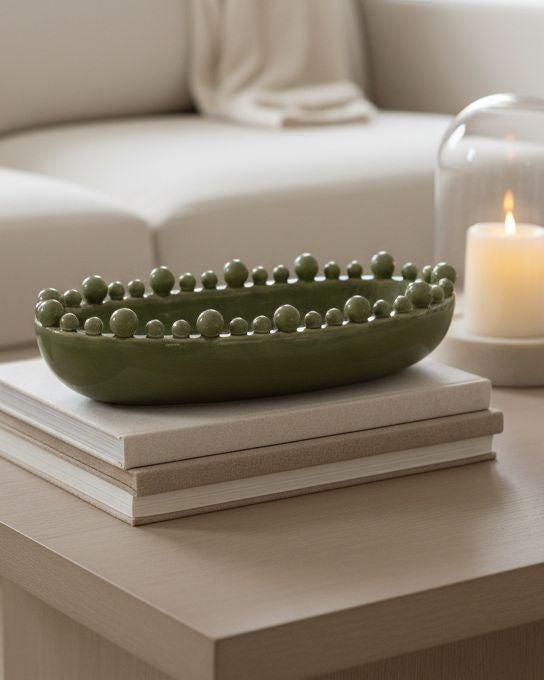Oval Extra Large Olive Green Bobble Bowl | Decorative Ball Bowl
