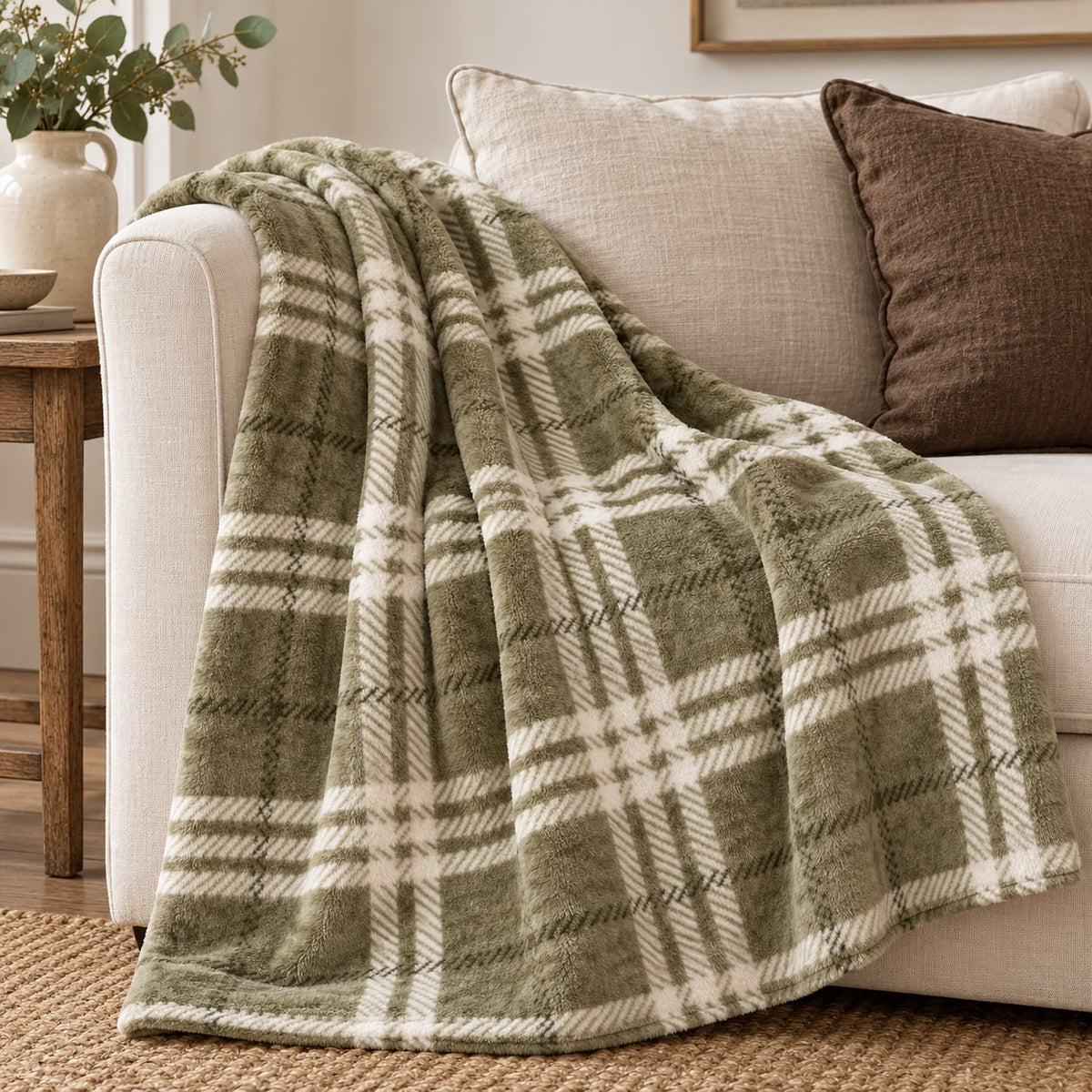 Olive Green Checkmate Rolled Fleece Blanket Throw