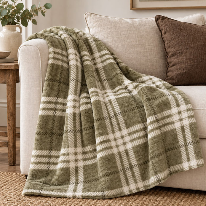 Olive Green Checkmate Rolled Fleece Blanket Throw