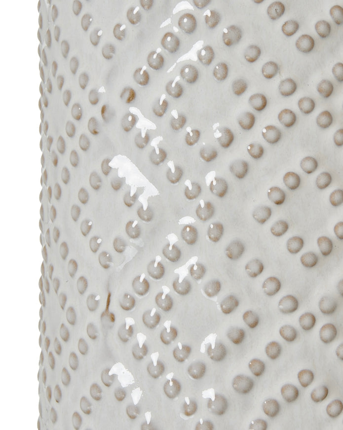 Tall white beaded ceramic lamp by Hill Interiors, modern lighting fixture with intricate beaded design and sleek ceramic finish.