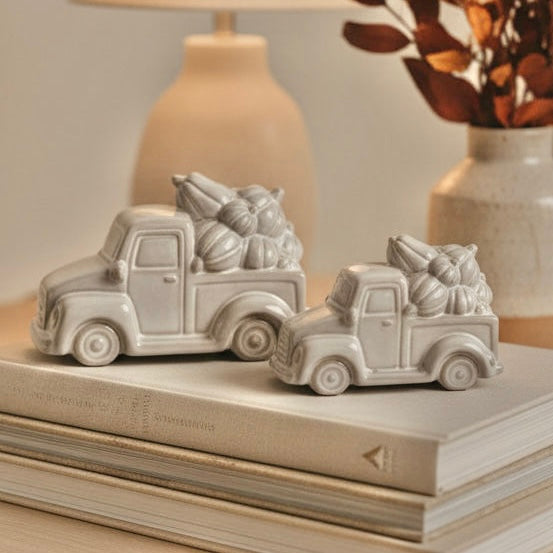 Glazed Neutral Ceramic Truck With Pumpkins